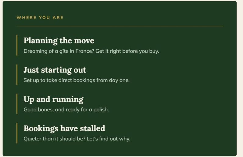 Where you are: planning the move, just starting out, up and running, or bookings have stalled.