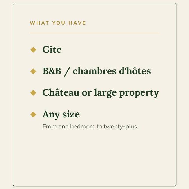 What you have: a gîte, B&B / chambres d'hôtes, château or large property. Any size, from one bedroom to twenty-plus.