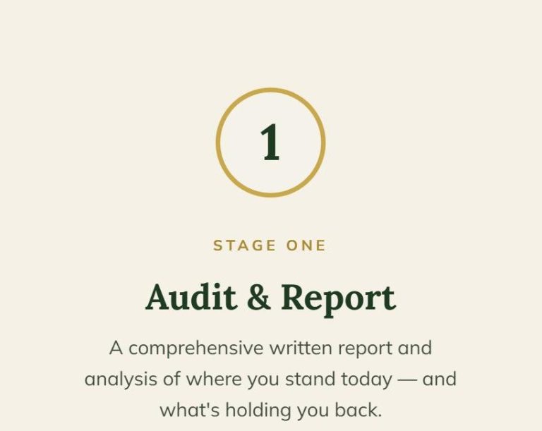 Stage one, Audit & Report: a written report and analysis of where you stand today and what's holding you back.